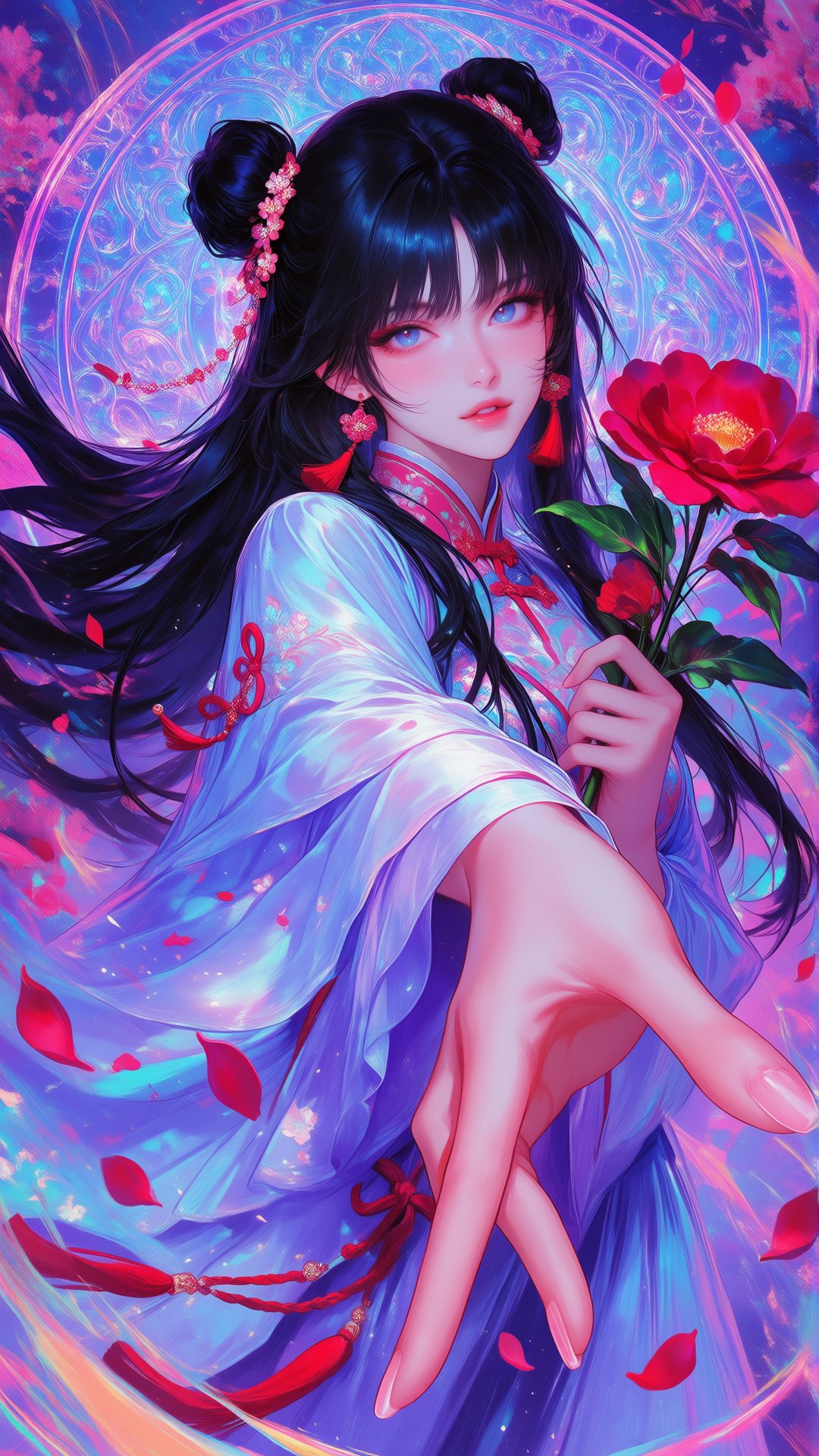 Japanese shojo manga magazine cover. Center foreground: - a vibrant,  stylized scene. "1girl,  solo by Drauka on Tensor.Art