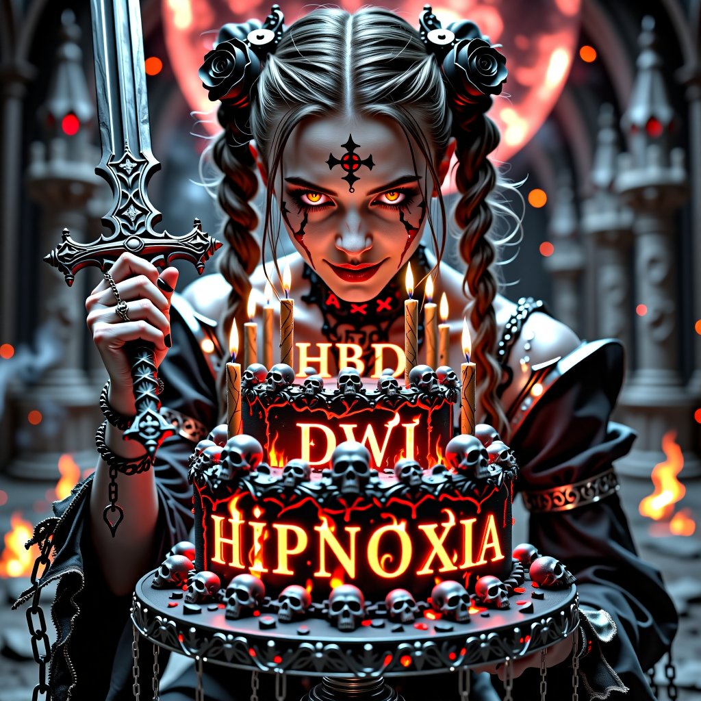 Gothic surreal exorcist woman,  terrifying ultra-detailed cinematic close-up. Pale blood-soaked face,  glowing inverted-cr...