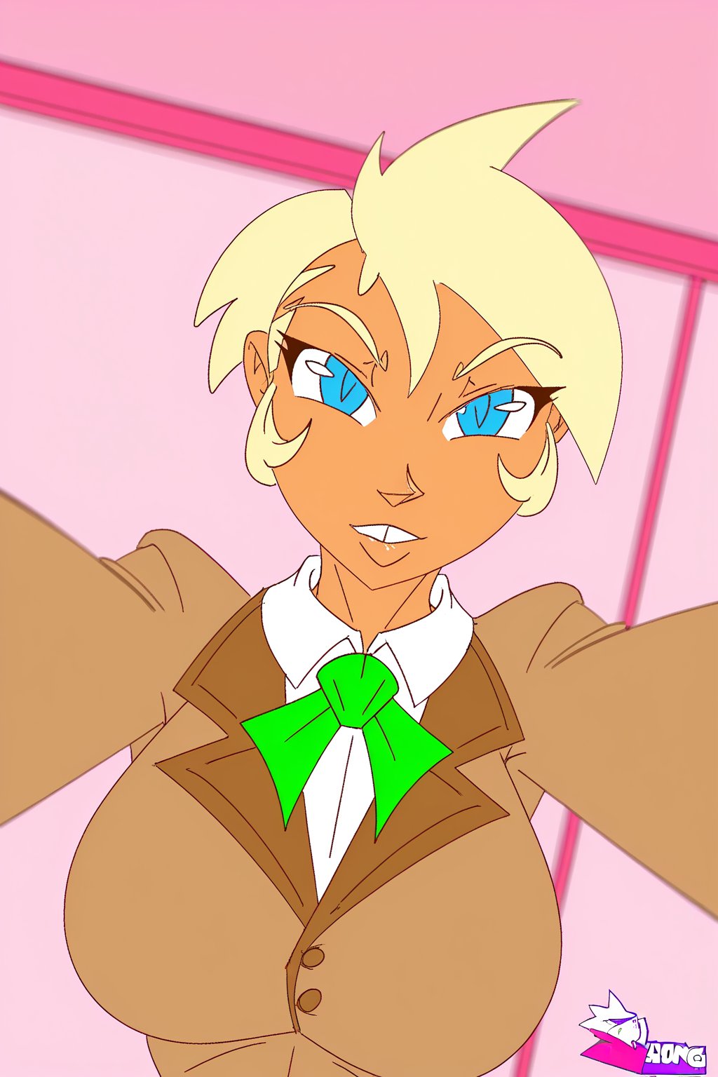 (roninsongart),  1girl with blonde hair and blue eyes in a cute solo pose,  looking directly at the viewer. She is wearing...