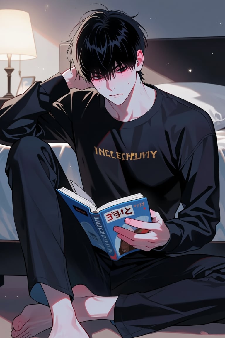 1boy,  solo,  sitting on the floor against a bed by amesugary on Tensor.Art