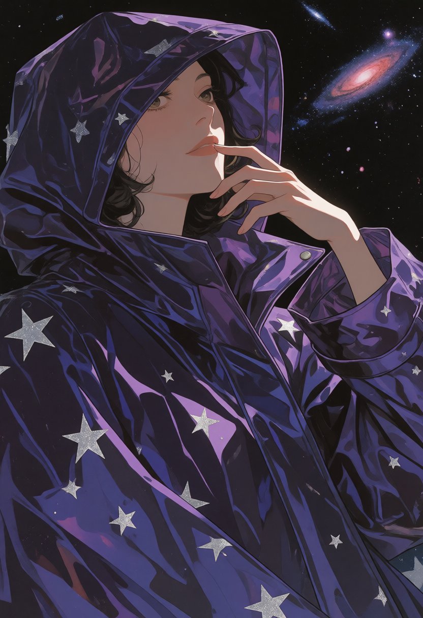 niji-siji,  A close-up of an elegant,  dark purple raincoat with silver stars on it by riiwa on Tensor.Art