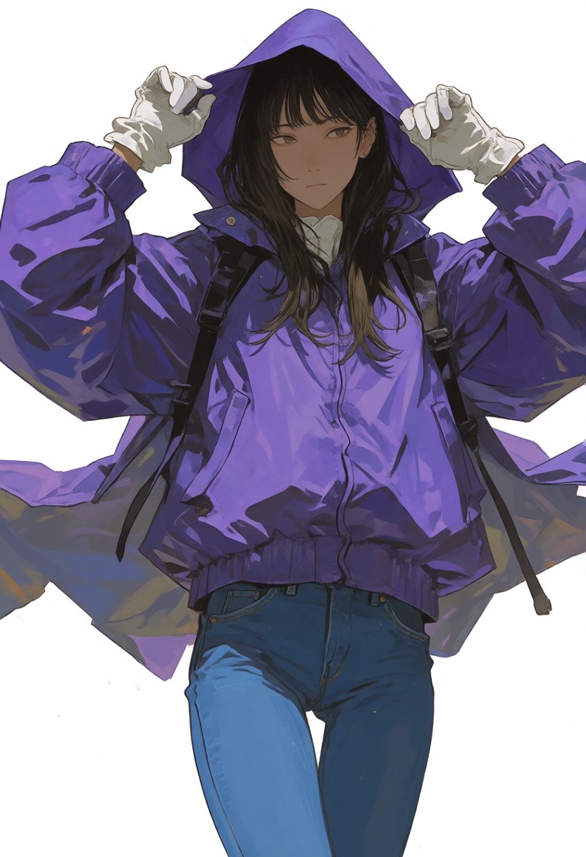Create an niji-siji artwork in anime style. Depict a girl with dark brown hair,  long straight bob,  wearing blue jeans an...