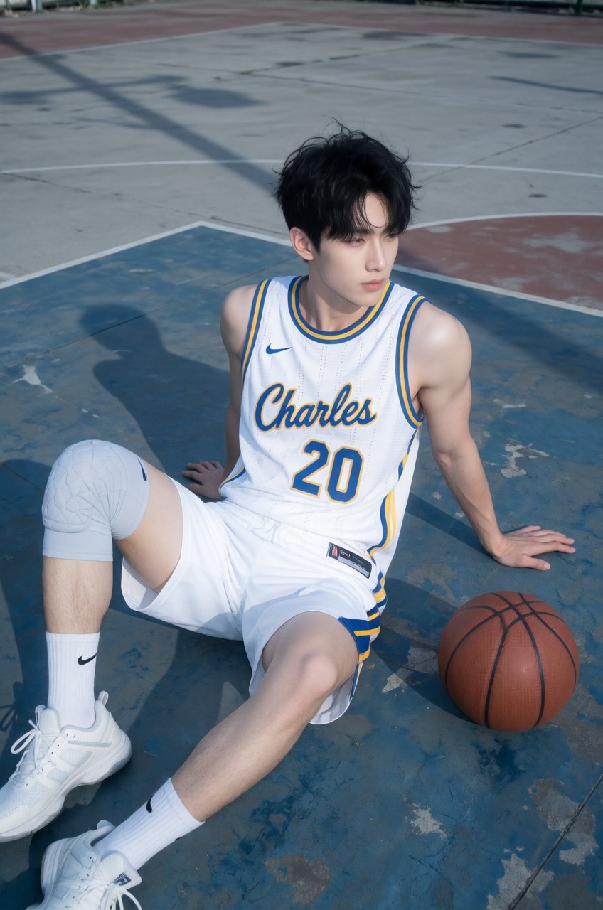 a full-length portrait photography of a muscular man resting on an outdoor concrete basketball court with a leather basket...