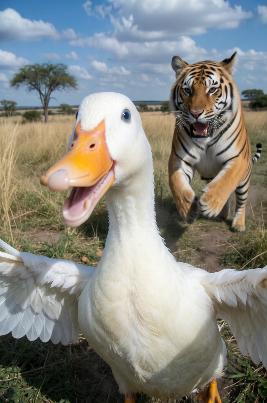 a close-up shot photography captures an excited,  wide-eyed domestic white duck as the primary non-human subject seemingly...