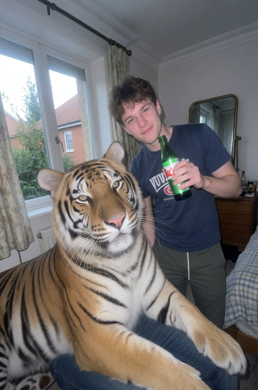tiger and a young man,  candid ,  casual attire by ArteByJH on Tensor.Art
