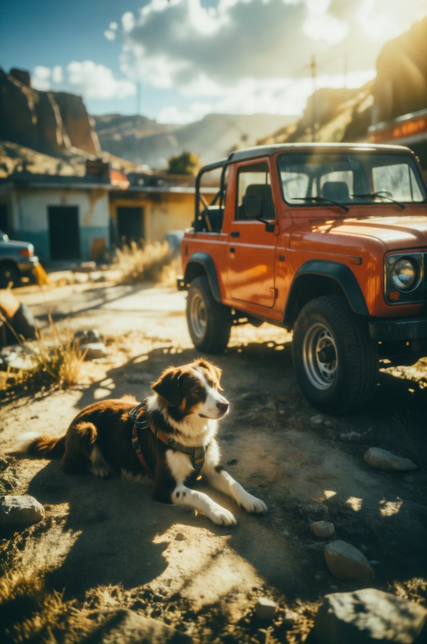 Bathed in bright sunlight appearing to come from the upper right,  casting distinct shadows of the orange off-road vehicle...