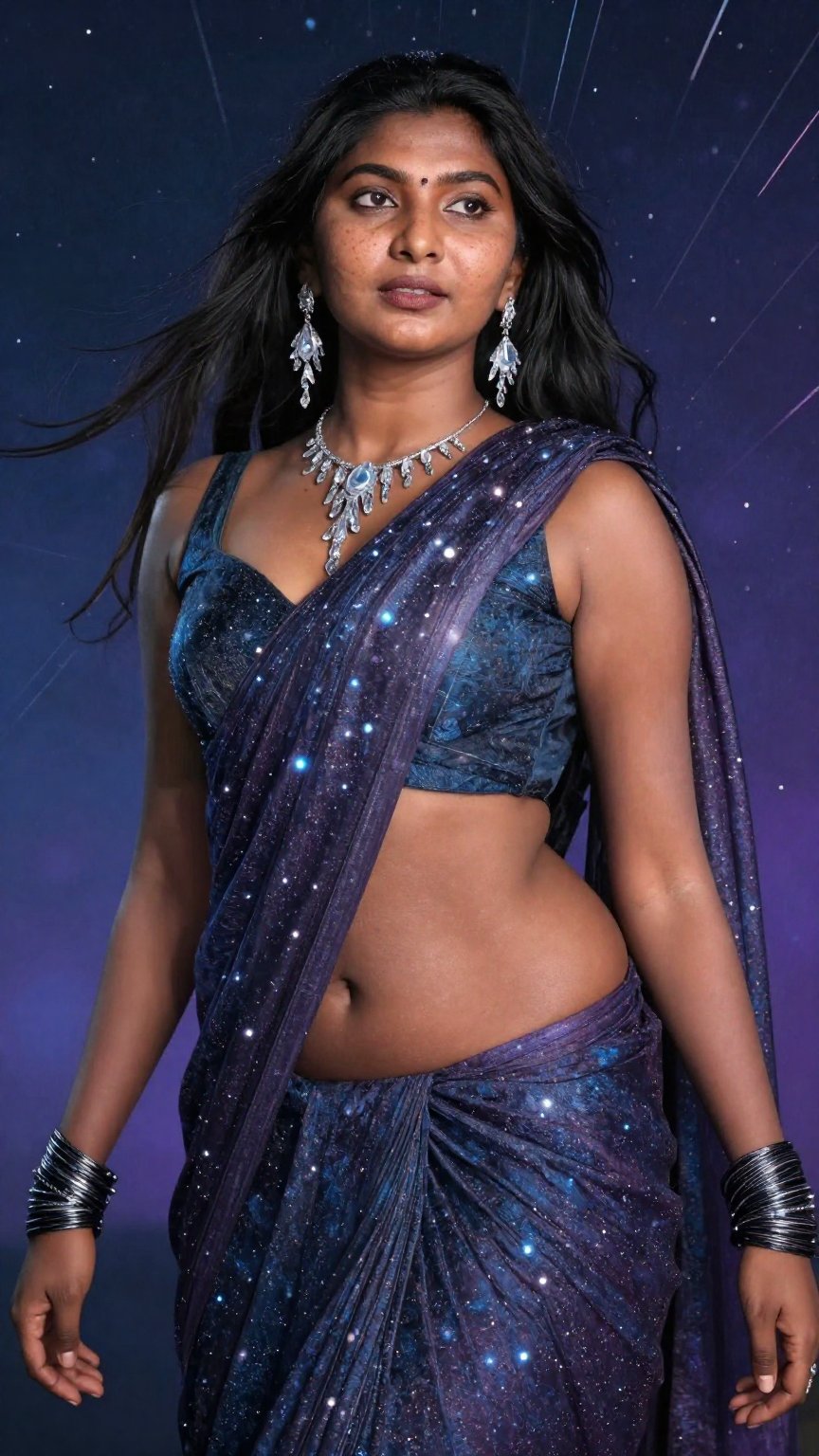 Hyper-realistic portrait of a beautiful young Indian woman with rich dark brown skin tone,  subtle freckles,  fine skin po...