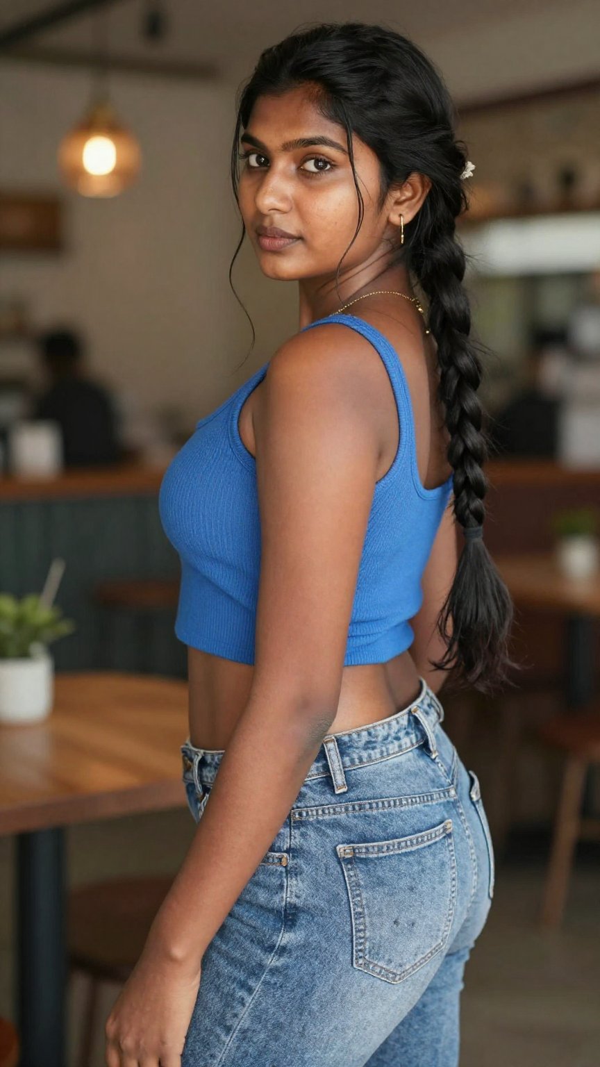 hyper realistic young South Indian woman rich deep dark brown skin visible pores natural grain long braid blue crop top ex...
