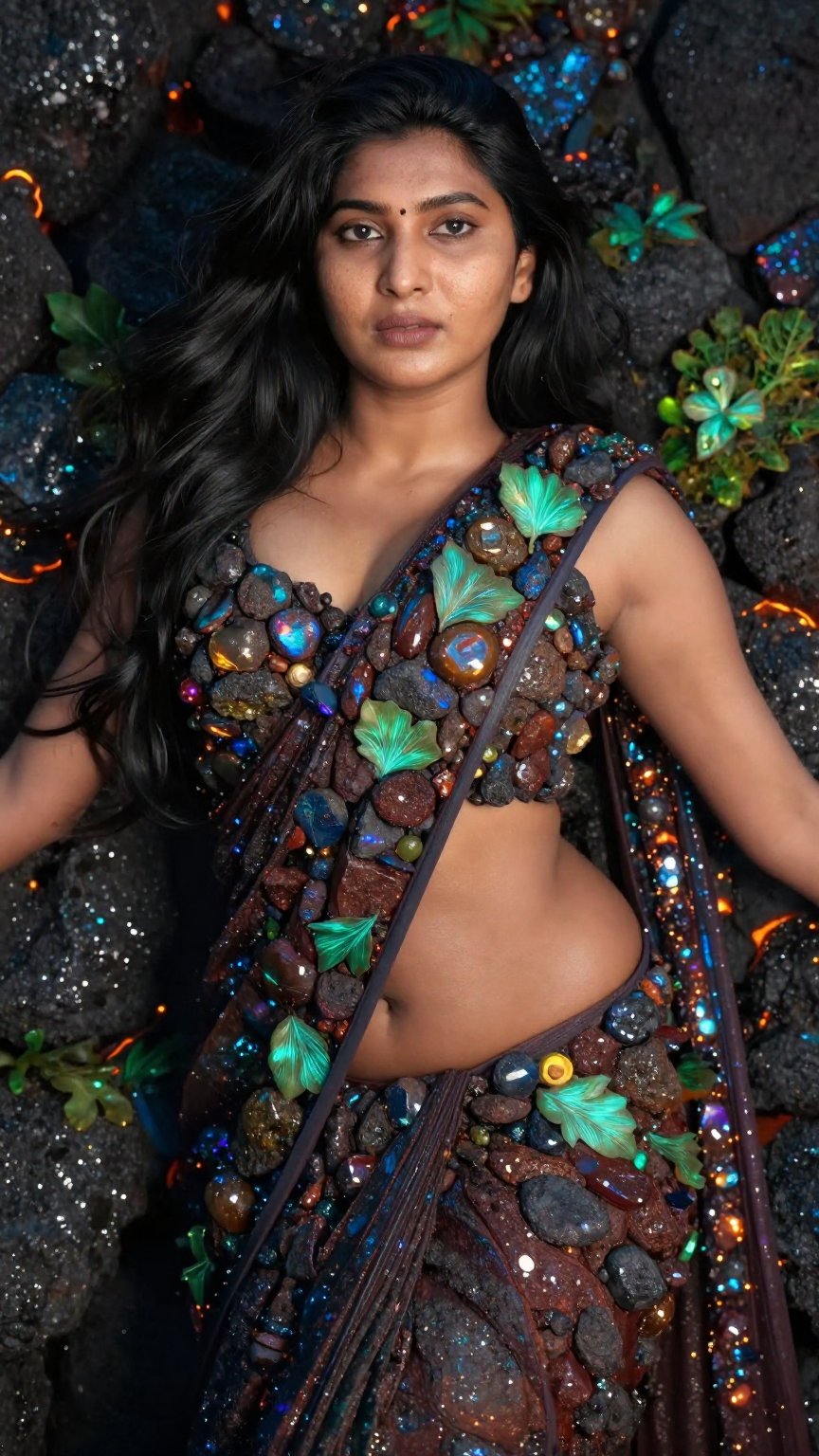 Hyper-realistic portrait of a beautiful young Indian woman with warm golden skin tone,  subtle freckles,  fine skin pores...