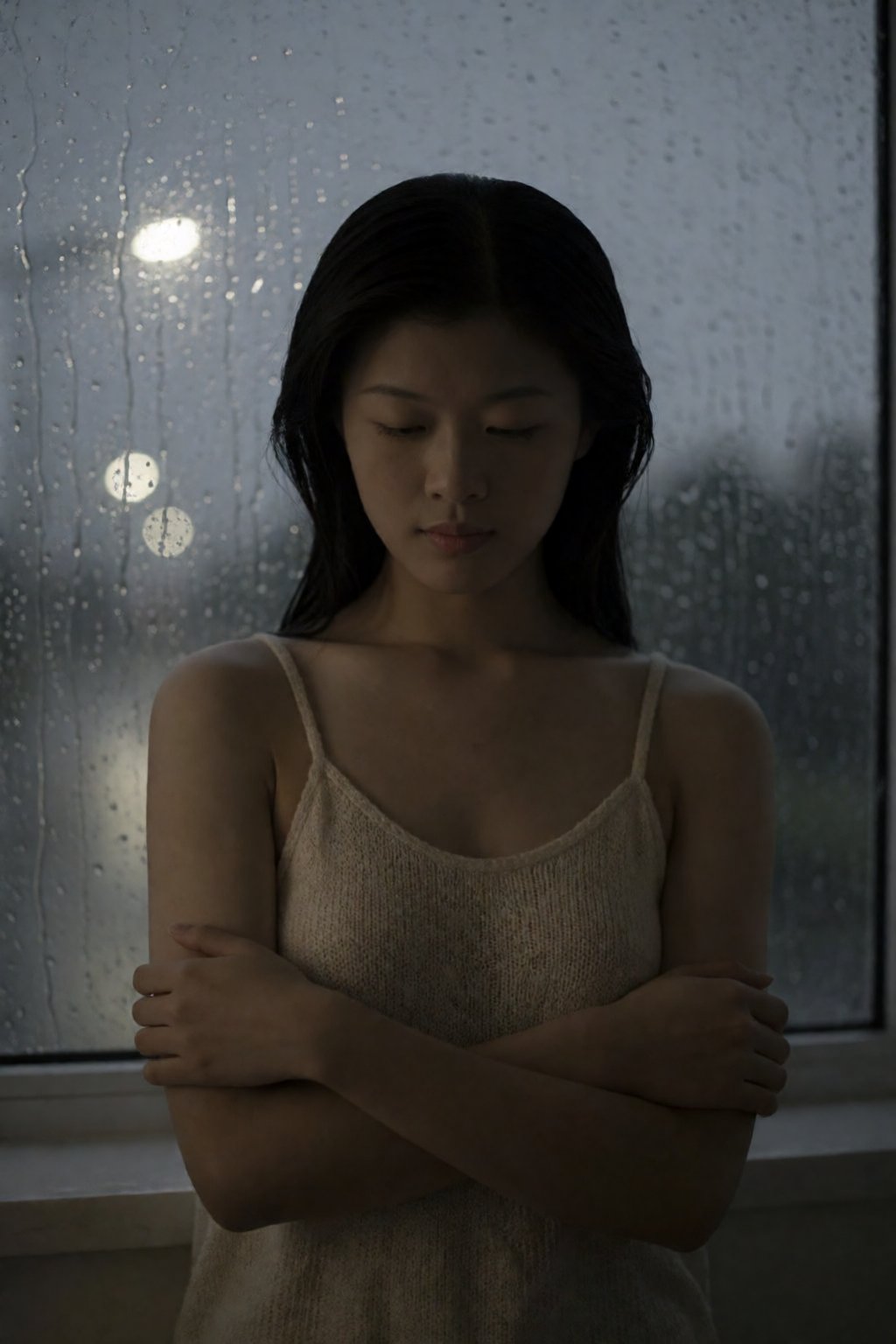 东亚女生人像摄影,  忧郁电影感居家写真风格,  人物站居家落地窗内侧 by 星光花园 on Tensor.Art
