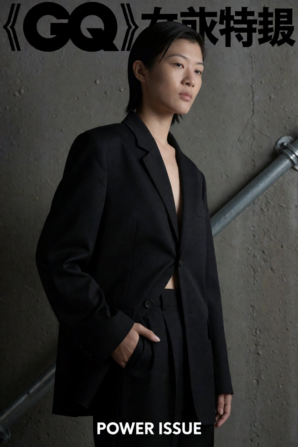 由飞思12K相机拍摄,  女性上半身侧身构图,  《GQ》杂志女性特辑封面。人物身着黑色宽松廓形西装（内搭真空 by 星光花园 on Tensor.Art