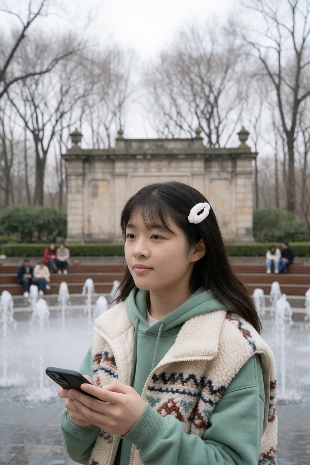 中国女孩小美,  A wide-angle,  medium-close shot features a young woman with long dark hair and bangs by 星光花园 on Tensor.Art