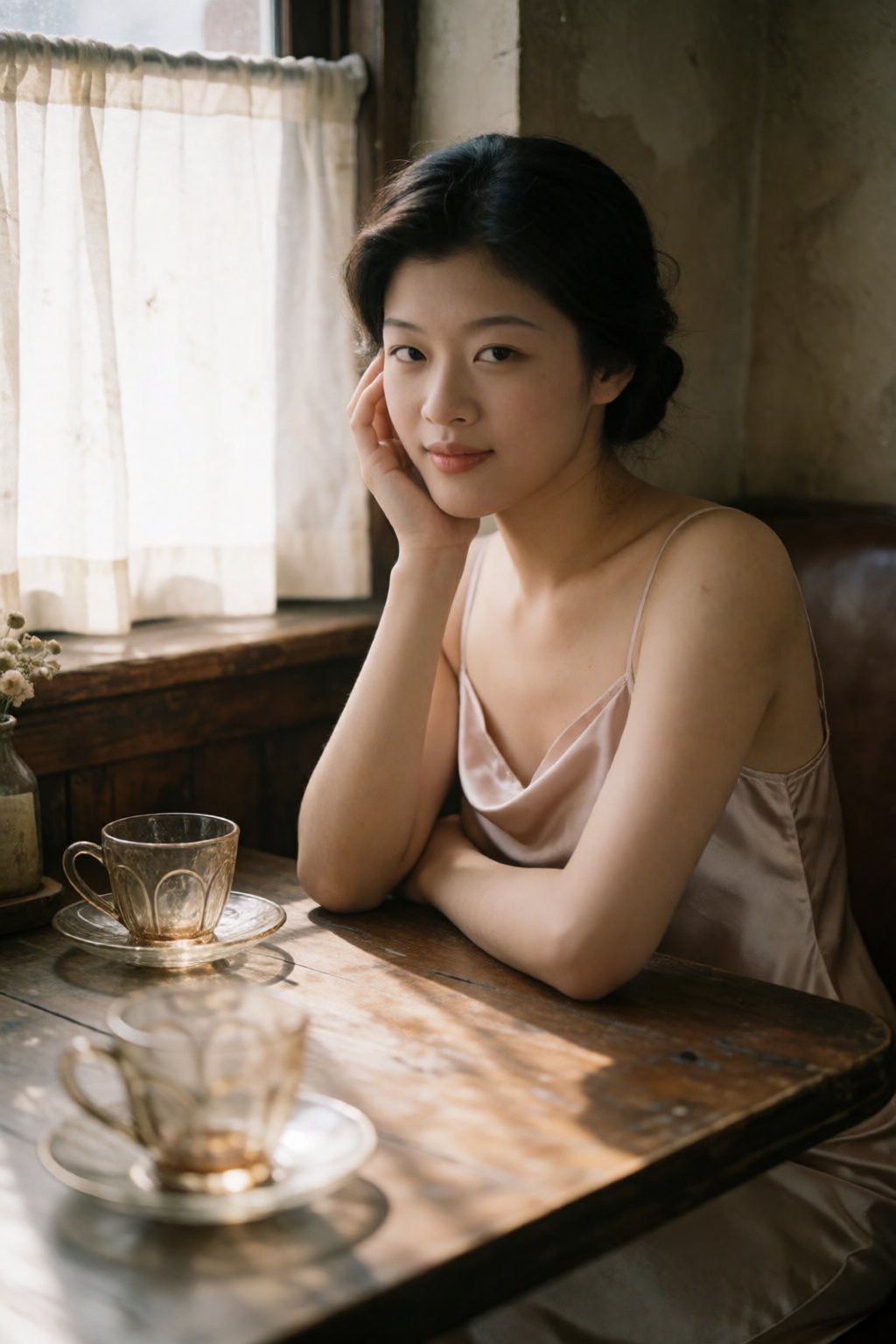 东亚女生人像摄影,  法式复古胶片人像风格,  人物坐在复古棕色咖啡馆靠窗卡座 by 星光花园 on Tensor.Art