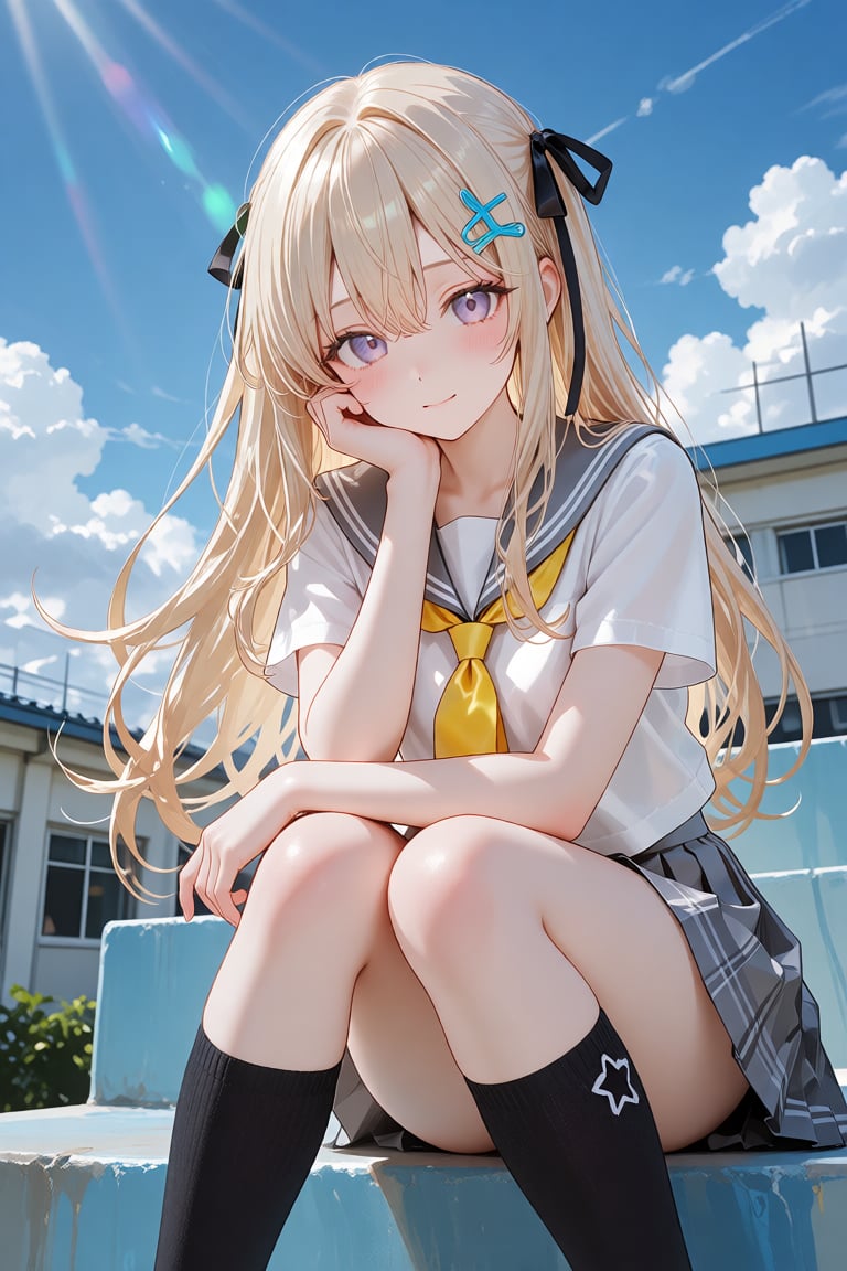 this is a digital anime-style illustration of a young girl sitting outdoors on a sunny day,  the girl has long,  flowing b...