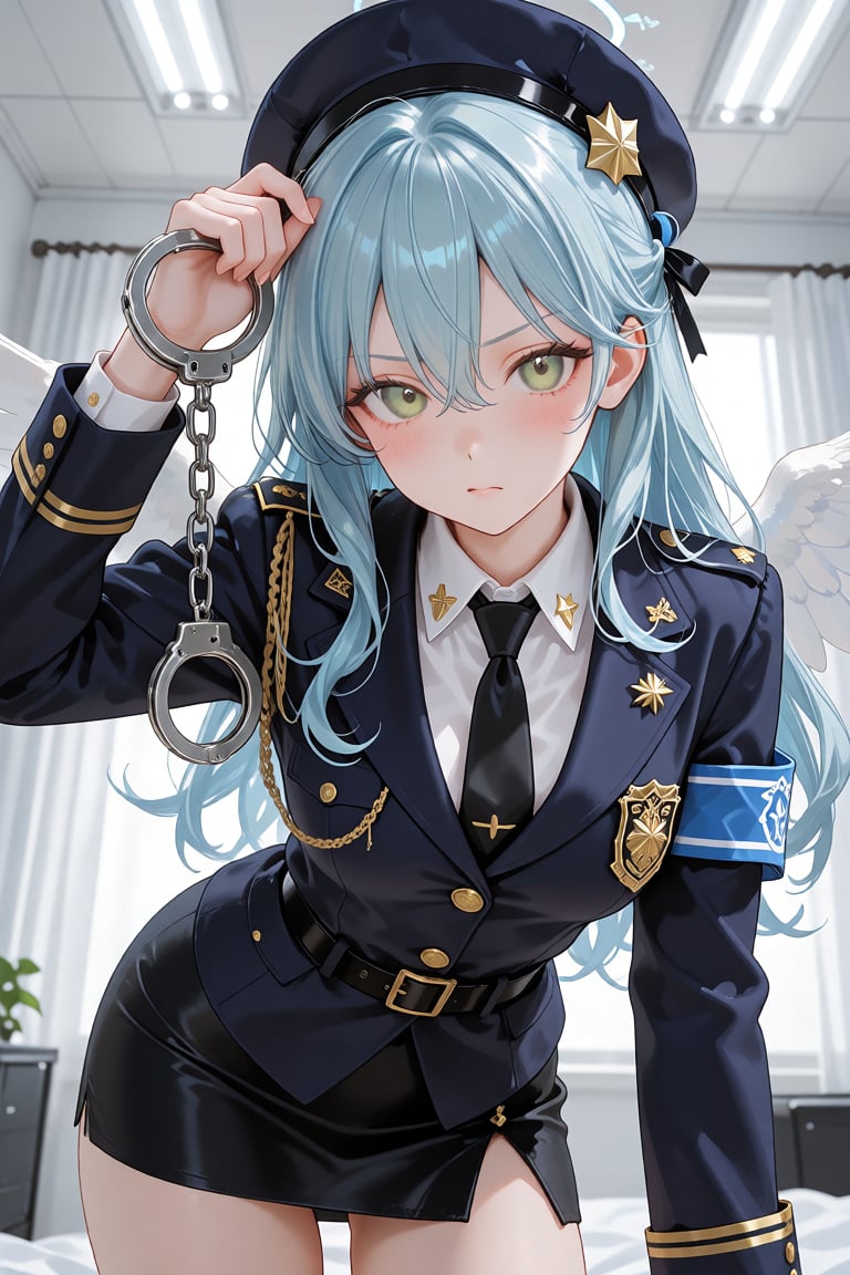 this is a digital illustration in an anime style featuring a young woman with light blue,  wavy hair that cascades down he...