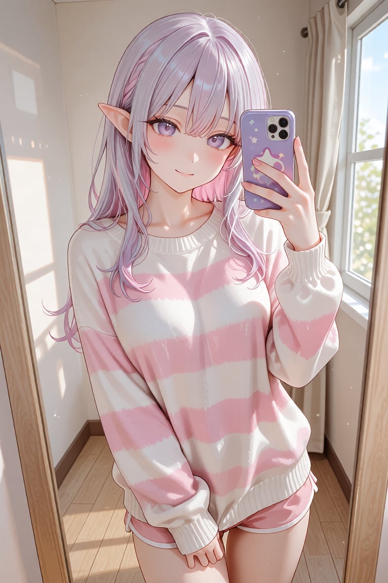 this is a digital anime-style illustration of a young woman taking a selfie in front of a mirror,  she has long,  pastel p...