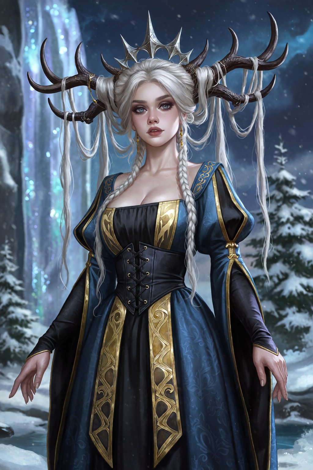 best quality,  absurdres,  @blondynkitezgraja A fair-skinned woman with platinum-blonde hair stands in a winter-themed set...