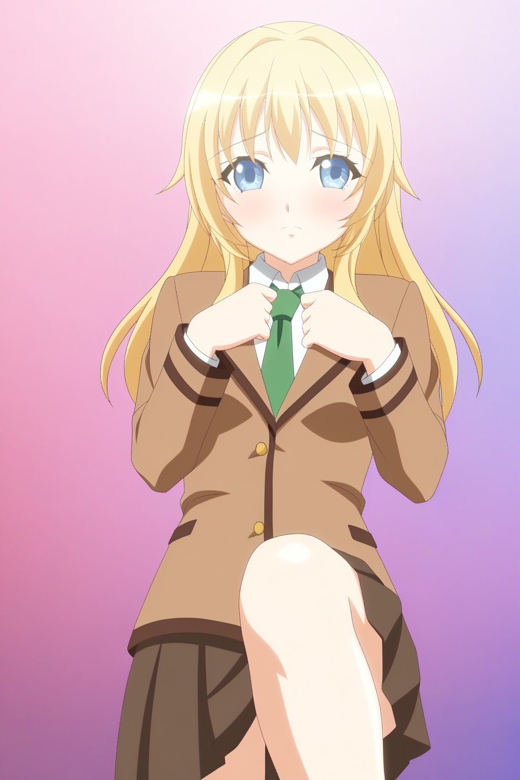 (ddolart),  1girl with blonde hair and blue eyes in a cute solo pose,  looking directly at the viewer. She is wearing a sc...