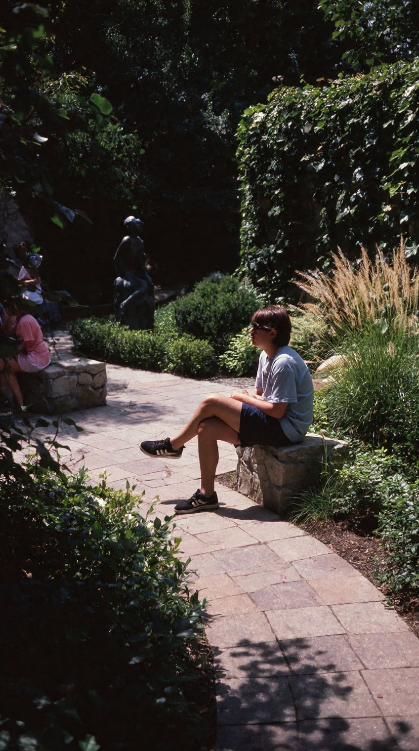 young person sitting,  sun-dappled garden,  crossed legs by patrik 🐈 on Tensor.Art