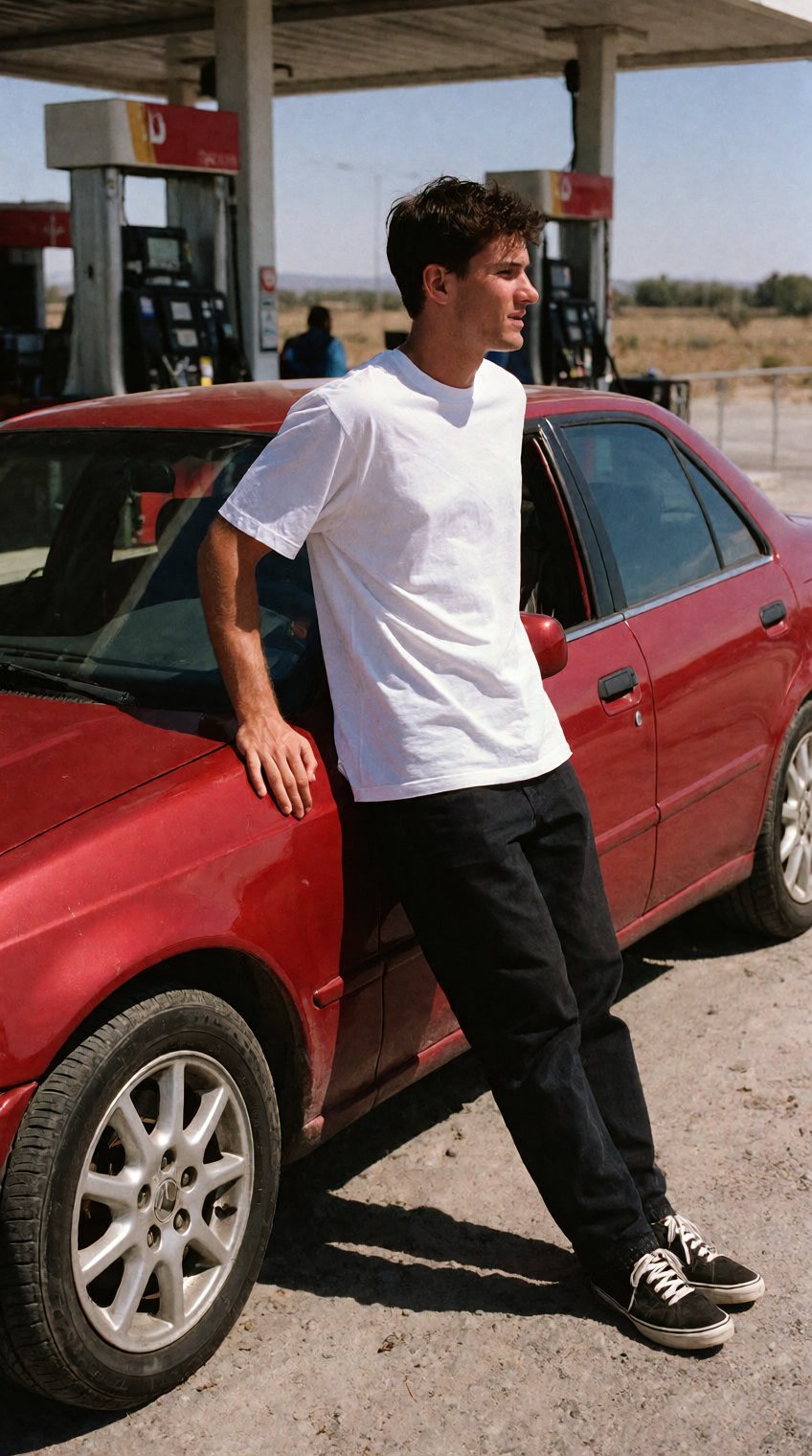 A candid medium shot of a young man wearing a simple white t-shirt leaning against a glossy red sedan parked at a dusty ro...