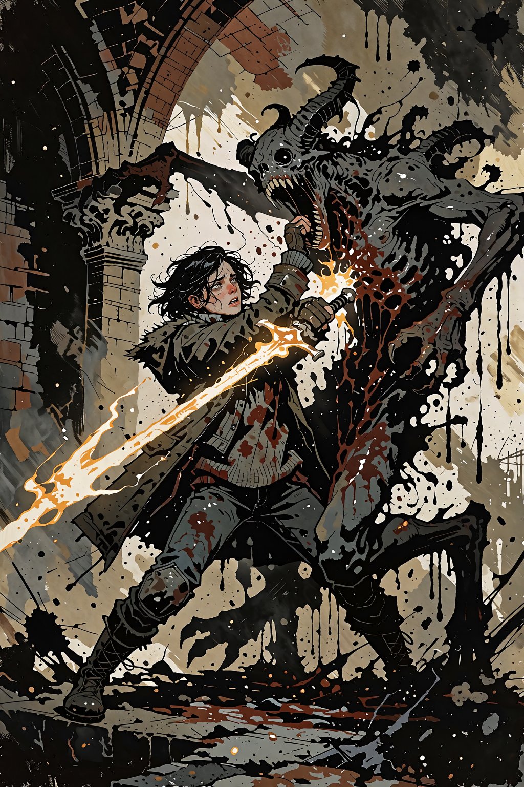 A chaotic,  expressionistic dark fantasy mixed-media illustration in the gritty,  graphic style of Ashley Wood by RAY3780...