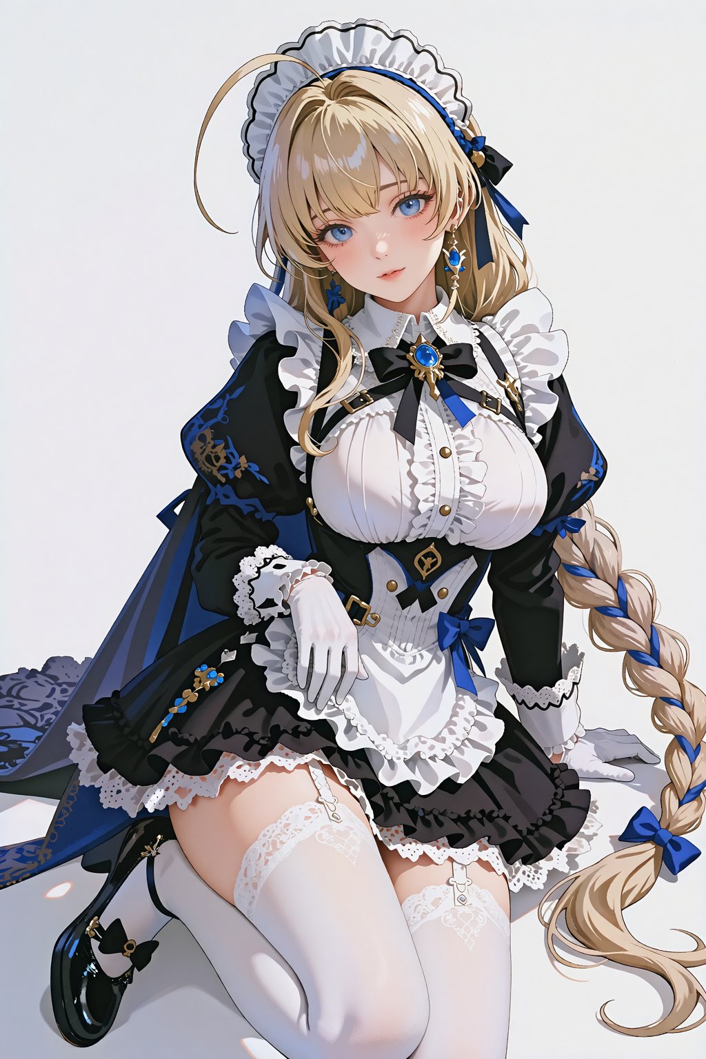 A polished full-body anime illustration of a beautiful adult blonde girl in an elegant gothic maid-inspired outfit,  shown...