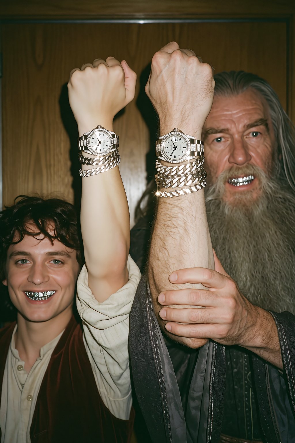 Subject 1 (on the left side of photo): Frodo Baggins raising its left wrist straight up,  showing off invisible set teeth...