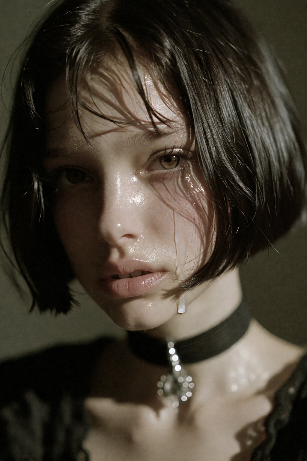 Create an image of a beautiful girl named NamianMathilda with short,  sleek black bobcut hair. She wears a choker around h...
