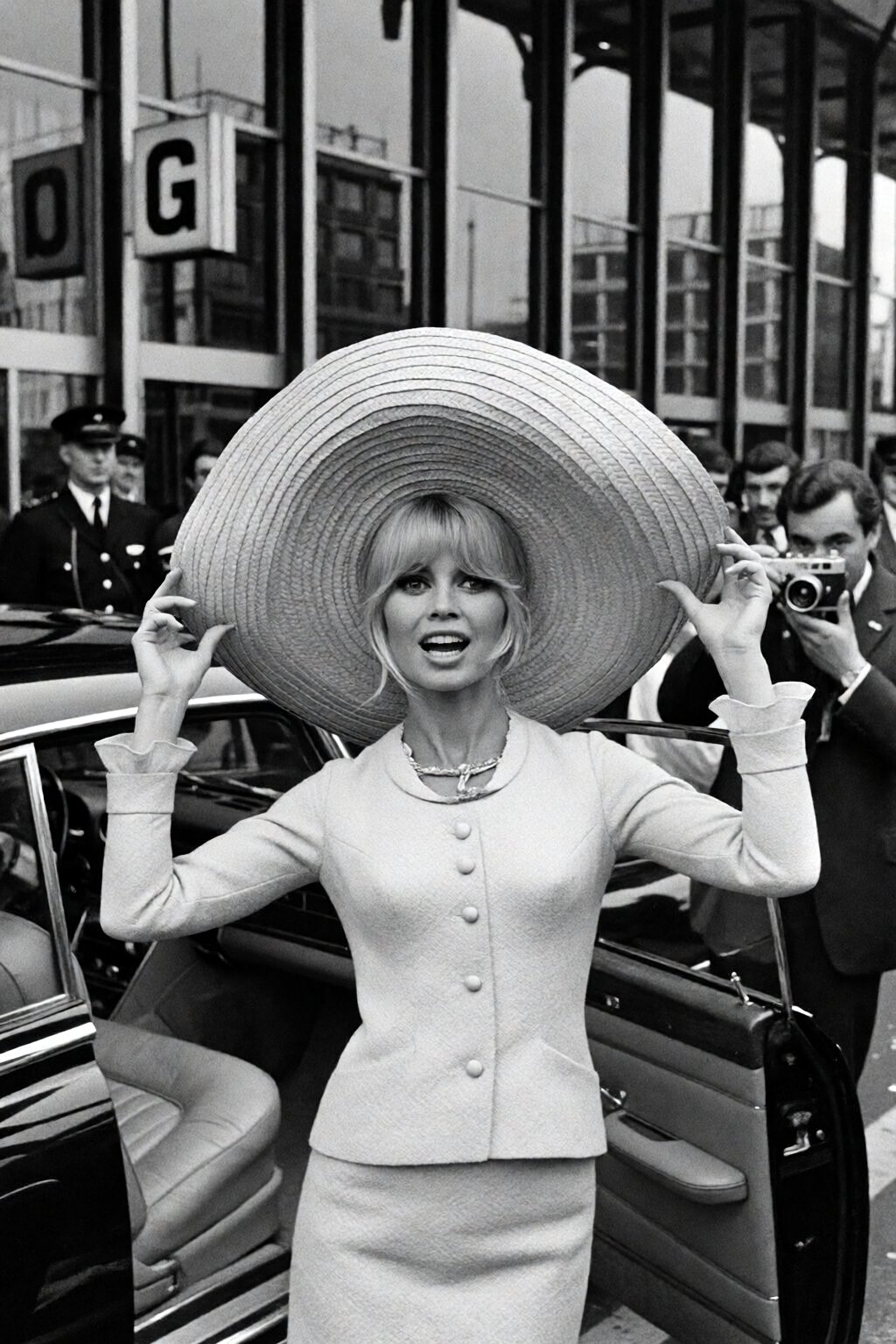 {"high_level_description":"1960s black-and-white photography capturing Brigitte Bardot in London. She wears an oversized s...