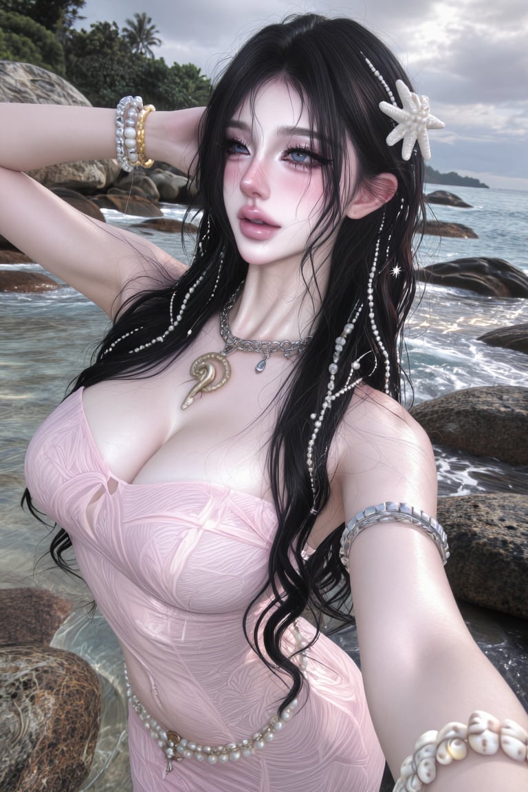 A beautiful young woman taking a selfie at a rocky seaside shoreline,  upper-body close-up,  dynamic selfie angle by kissf...