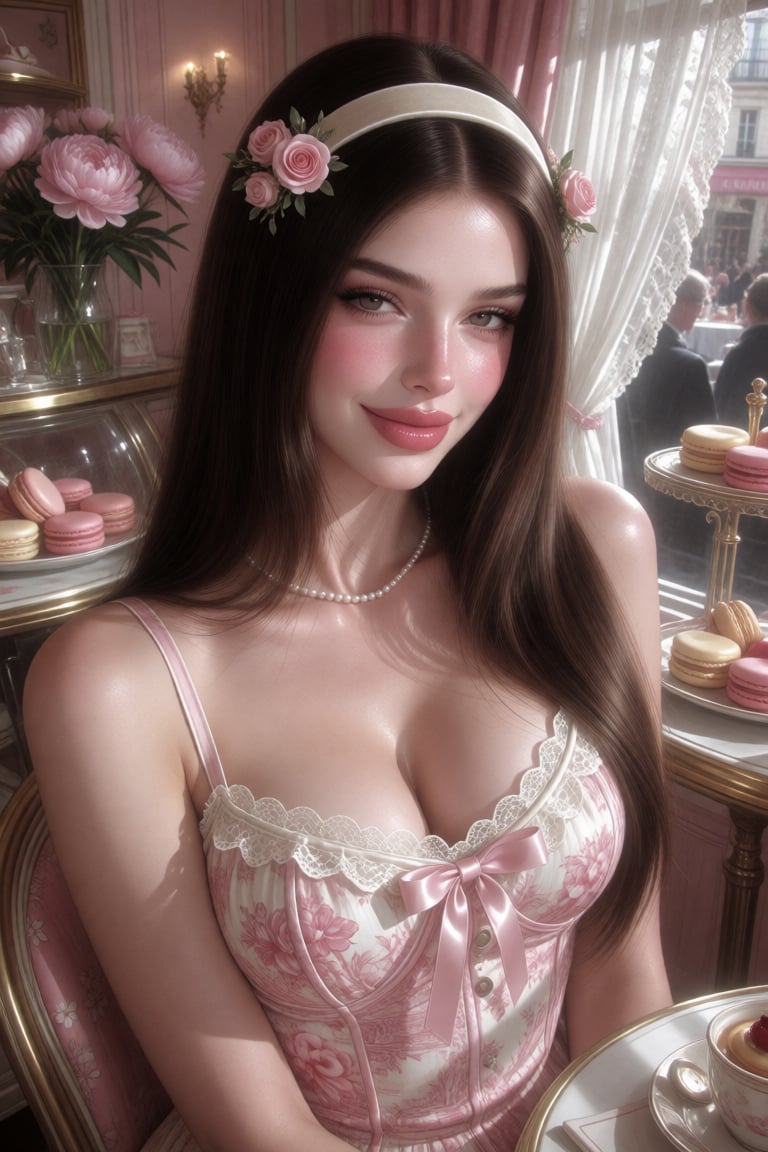 Semi-closeup portrait,  chest up,  of a woman seated in a Parisian pâtisserie. Oval face by della🎀 on Tensor.Art