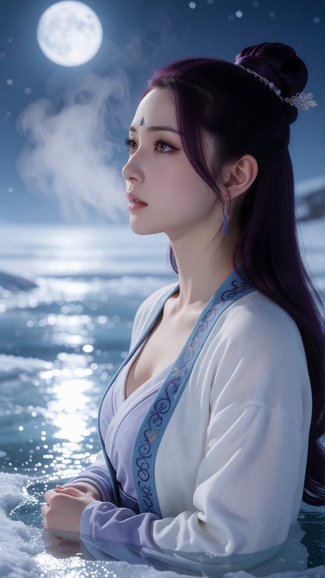 中景画面,  一位女子站在满月下的冰湖上,  苍白银蓝色月光从冰雪上反射 by 月恋-❀ on Tensor.Art