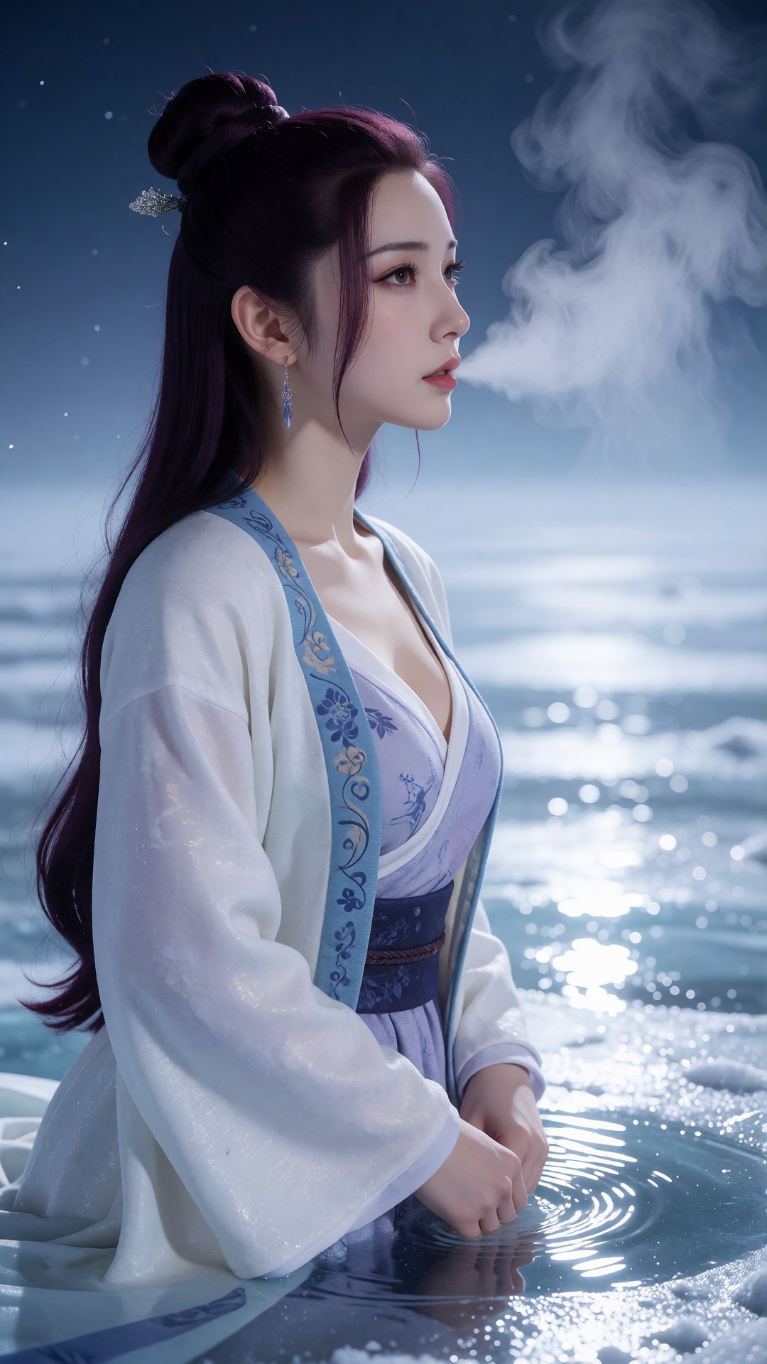 中景画面,  一位女子站在满月下的冰湖上,  苍白银蓝色月光从冰雪上反射 by 月恋-❀ on Tensor.Art