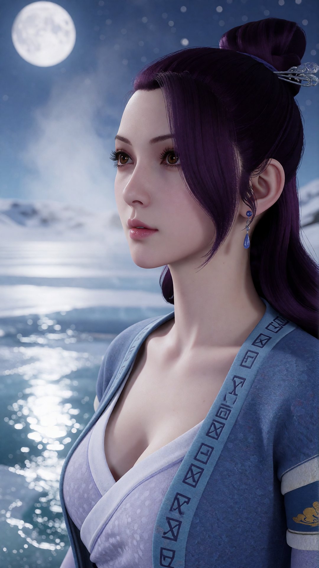 中景画面,  一位女子YX clothes站在满月下的冰湖上,  苍白银蓝色月光从冰雪上反射 by 月恋-❀ on Tensor.Art