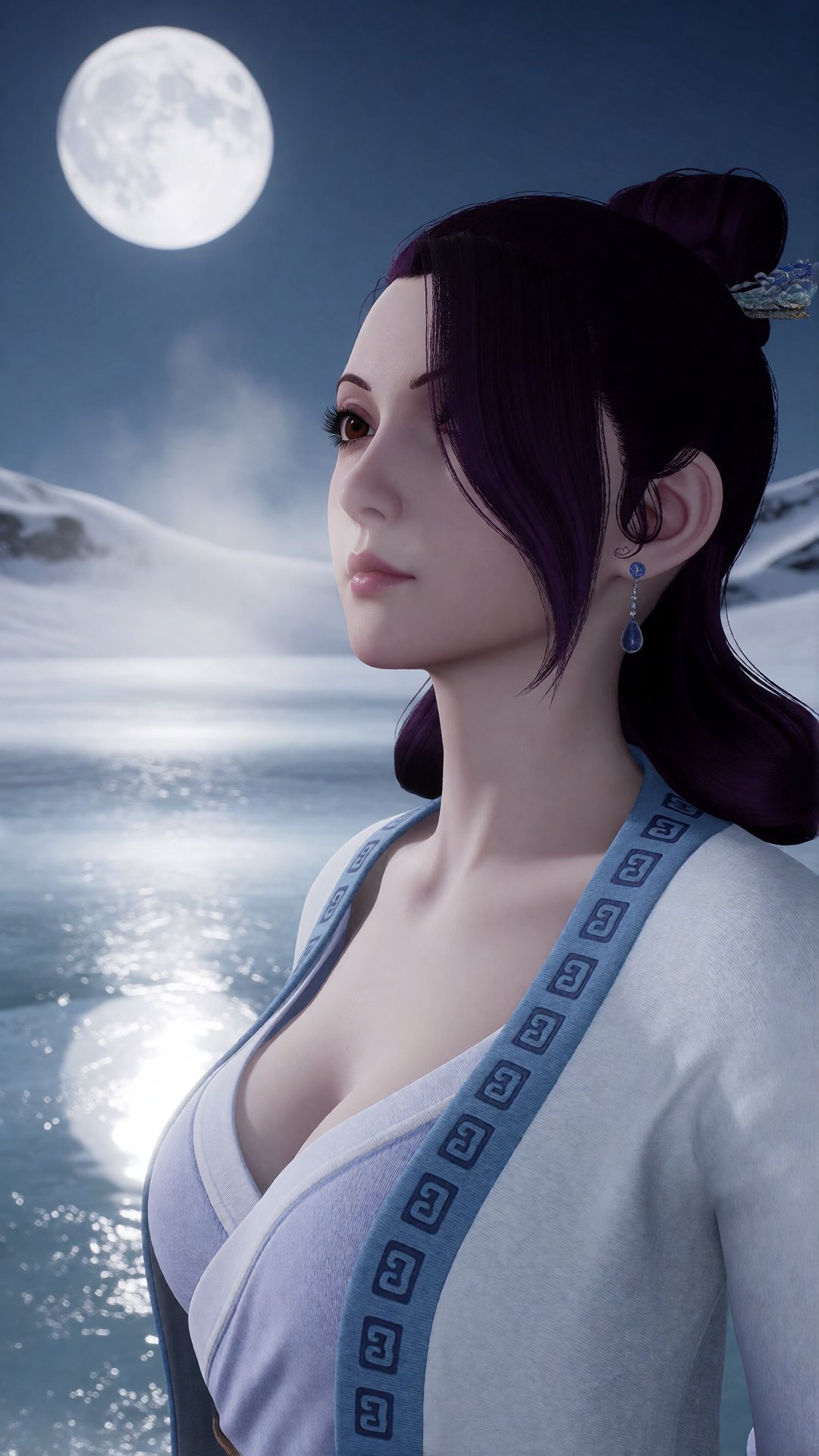 中景画面,  一位女子YX clothes站在满月下的冰湖上,  苍白银蓝色月光从冰雪上反射 by 月恋-❀ on Tensor.Art
