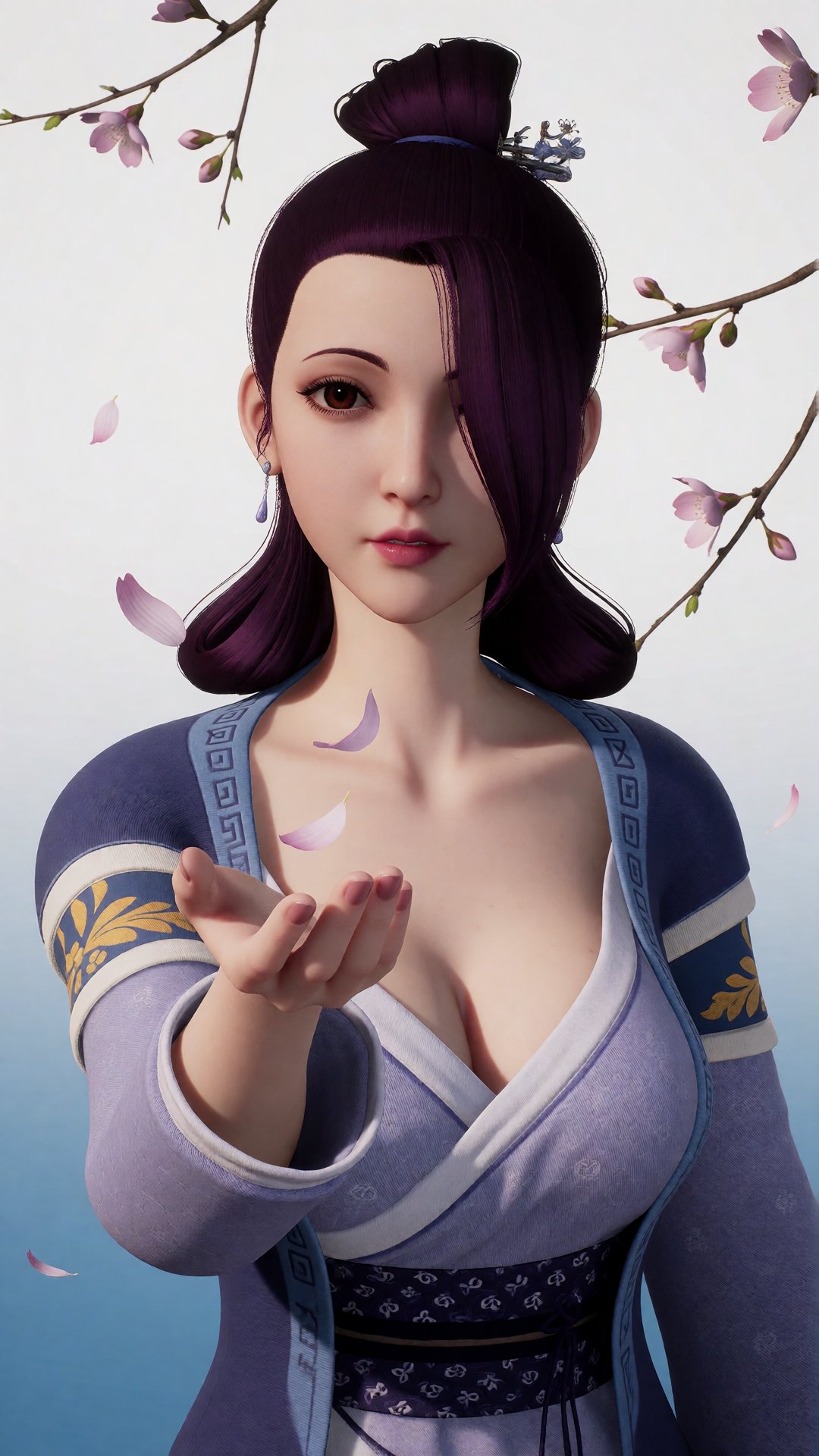 中景画面中,  一位美丽的女子YX clothes伸手承接飘落的桃花瓣,  她的眼中充满了柔情。光照在她的身上 by 月恋-❀ on Tensor.Art