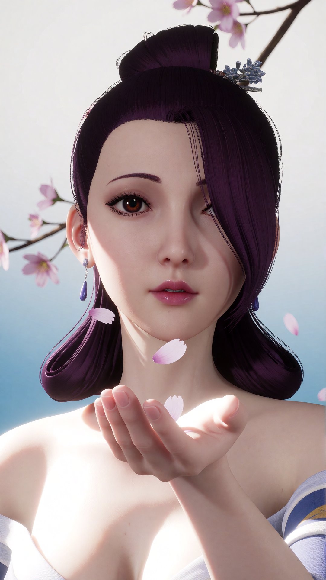 中景画面中,  一位美丽的女子伸手承接飘落的桃花瓣,  她的眼中充满了柔情。白光直射在她的身上 by 月恋-❀ on Tensor.Art
