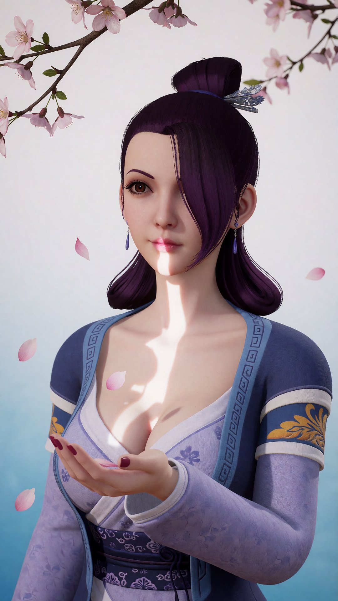 中景画面中,  一位美丽的女子YX2 clothes伸手承接飘落的桃花瓣,  她的眼中充满了柔情。白光直射在她的身上 by 月恋-❀ on Tensor.Art