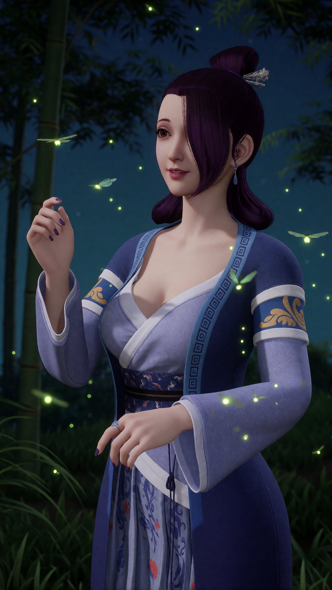中景画面,  一位美丽女子YX clothes站在夜间的竹林中,  无数萤火虫在她周围发出翡翠绿光 by 月恋-❀ on Tensor.Art