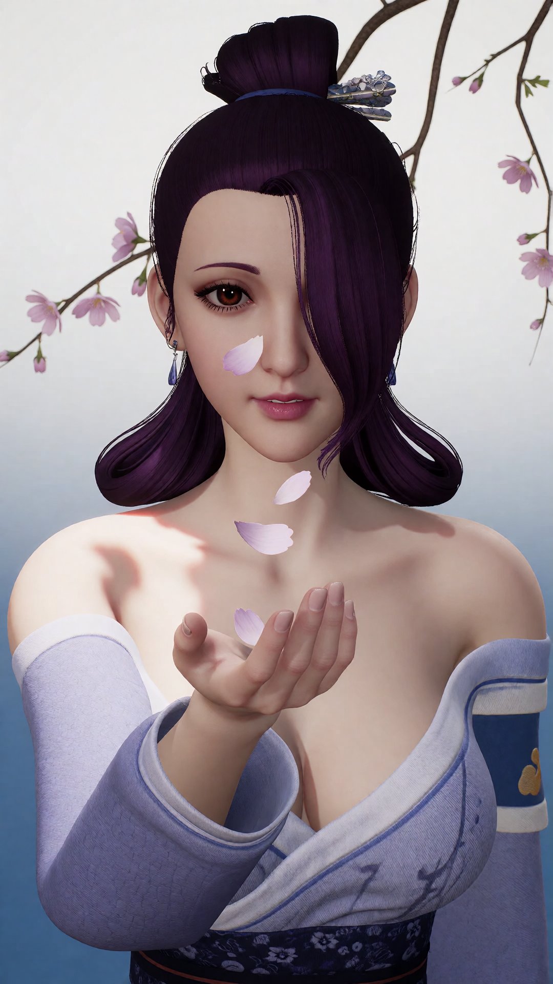中景画面中,  一位美丽的女子YX clothes伸手承接飘落的桃花瓣,  她的眼中充满了柔情。白光直射在她的肩膀上 by 月恋-❀ on Tensor.Art