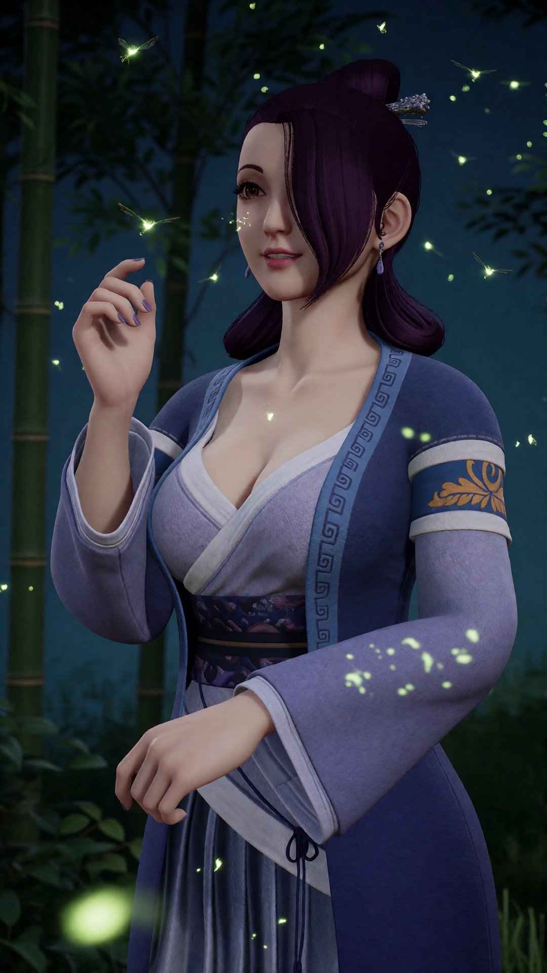 中景画面,  一位美丽女子YX2 clothes站在夜间的竹林中,  无数萤火虫在她周围发出翡翠绿光 by 月恋-❀ on Tensor.Art