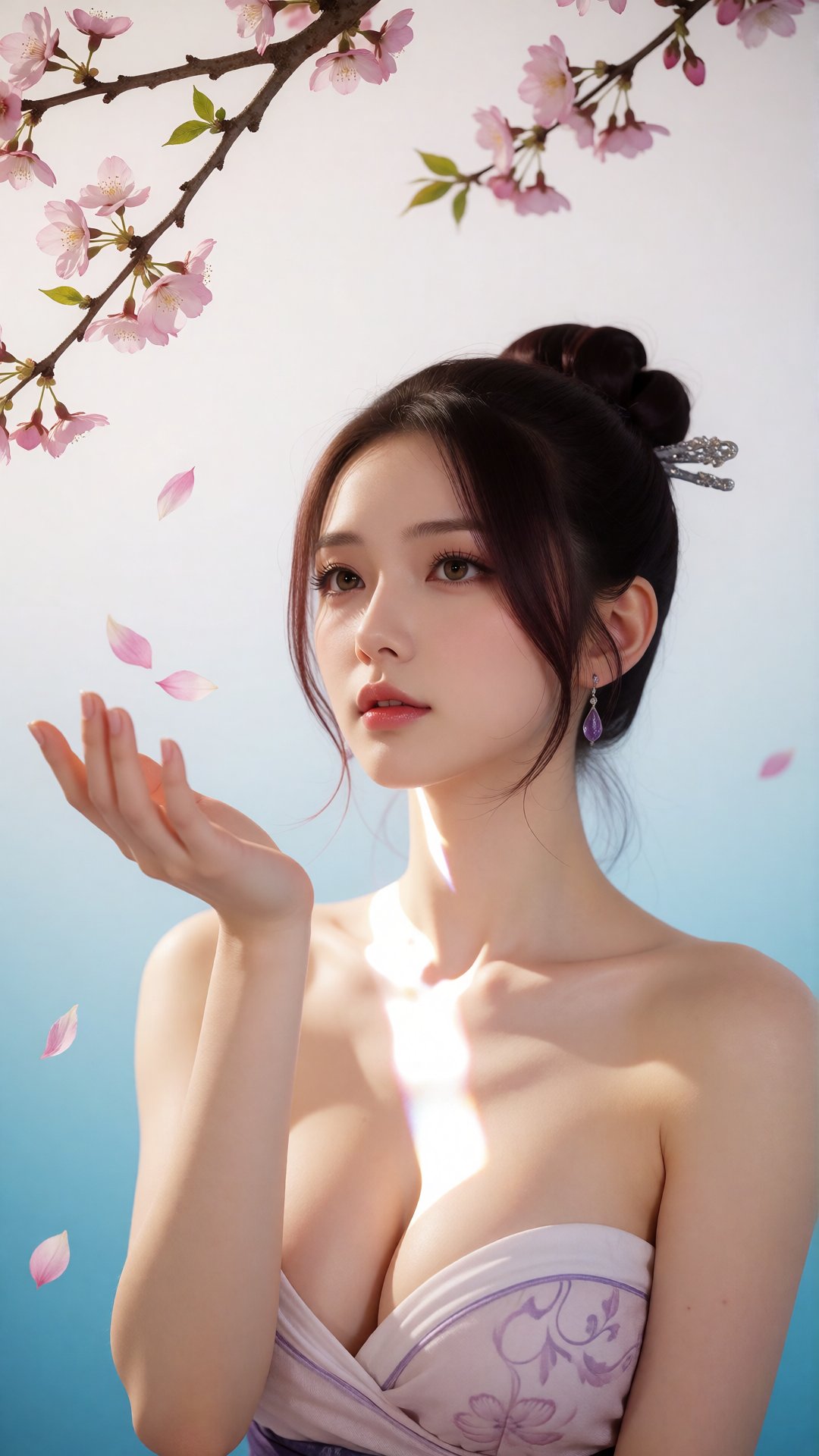 中景画面中,  一位美丽的女子伸手承接飘落的桃花瓣,  她的眼中充满了柔情。白光直射在她的身上 by 月恋-❀ on Tensor.Art