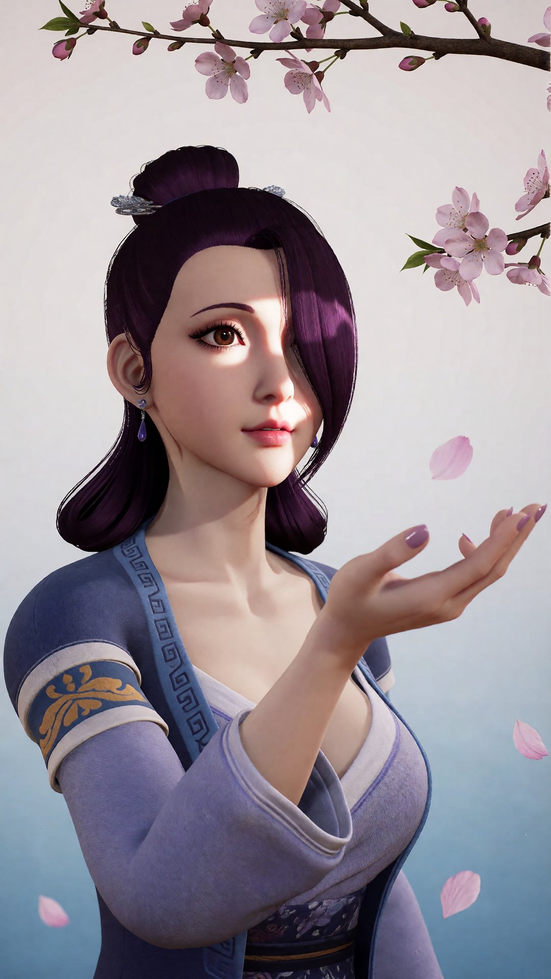 中景画面中,  一位美丽的女子YX2 clothes伸手承接飘落的桃花瓣,  她的眼中充满了柔情。白光直射在她的身上 by 月恋-❀ on Tensor.Art