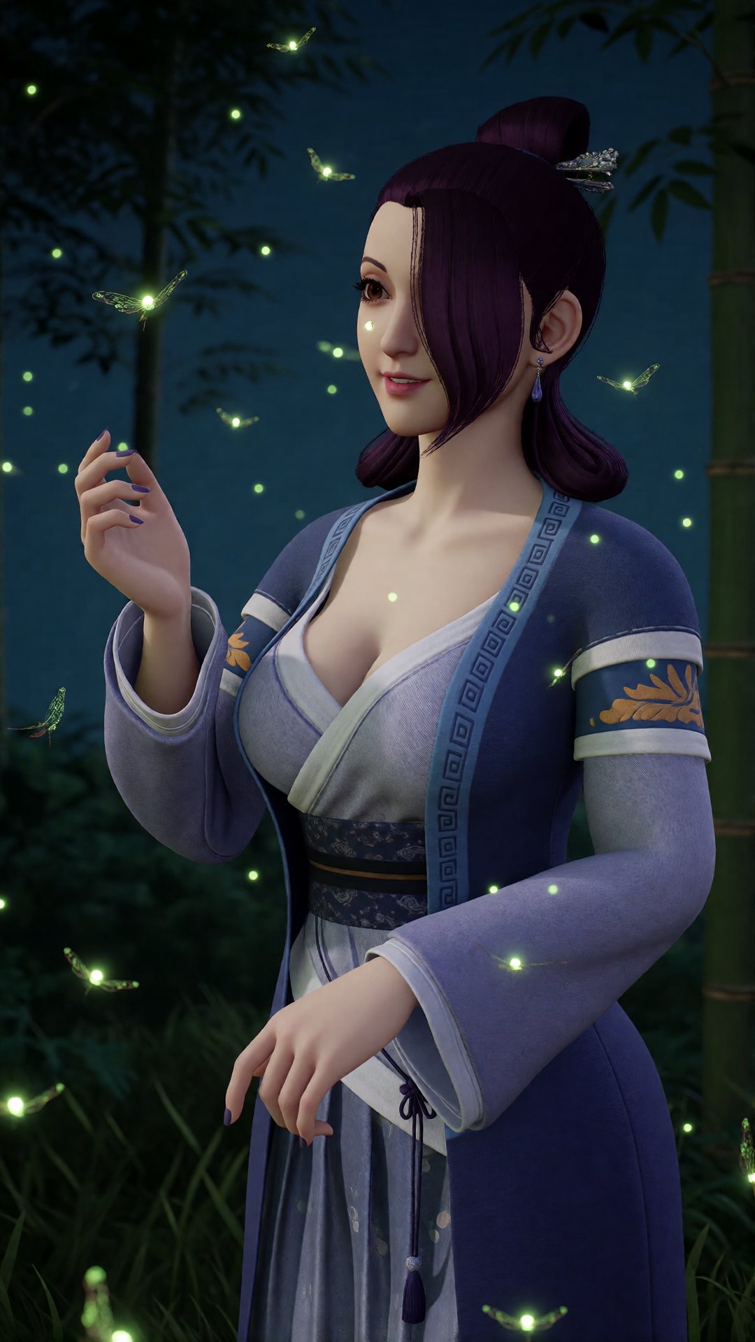中景画面,  一位美丽女子YX2 clothes站在夜间的竹林中,  无数萤火虫在她周围发出翡翠绿光 by 月恋-❀ on Tensor.Art
