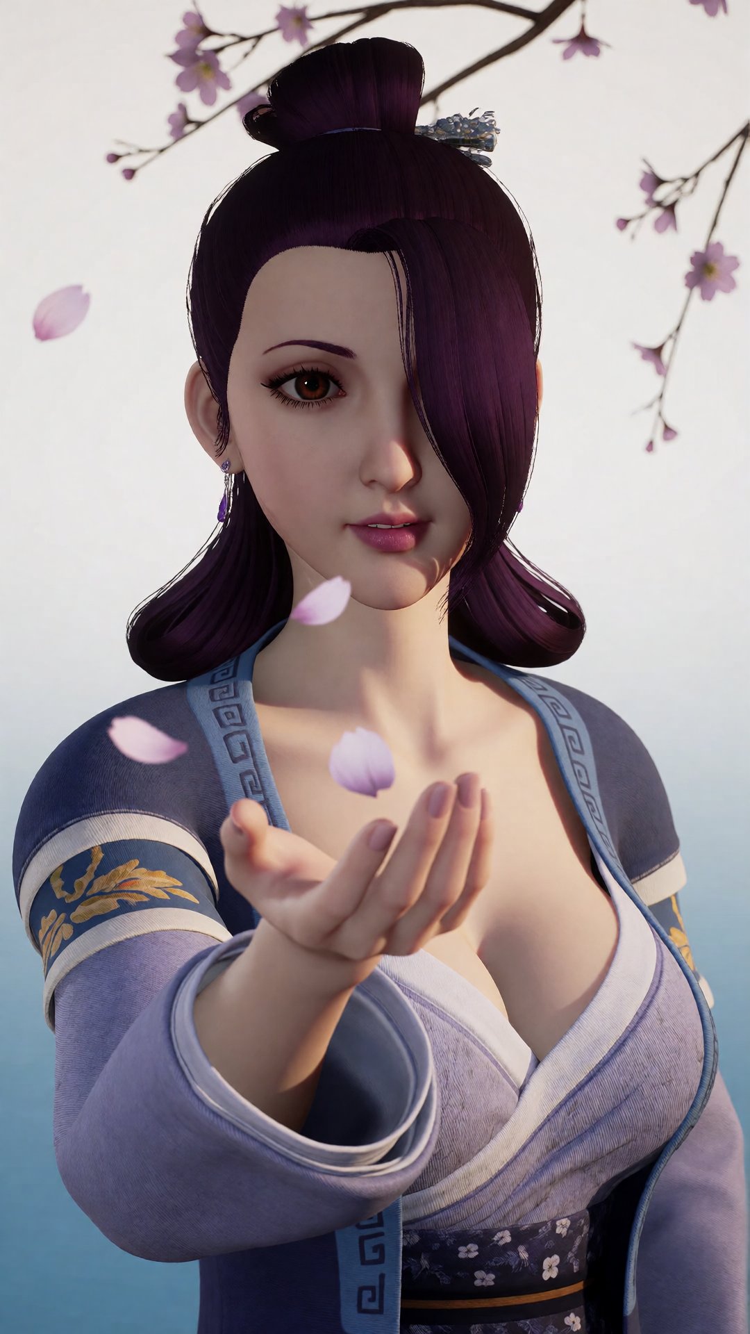 中景画面中,  一位美丽的女子YX clothes伸手承接飘落的桃花瓣,  她的眼中充满了柔情。光照在她的身上 by 月恋-❀ on Tensor.Art