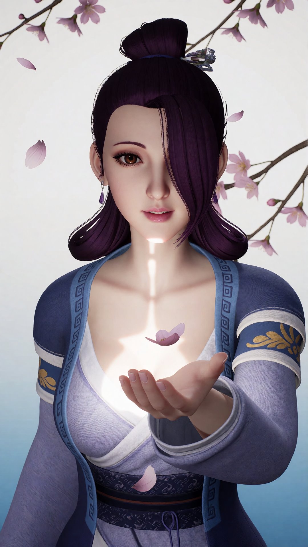 中景画面中,  一位美丽的女子YX clothes伸手承接飘落的桃花瓣,  她的眼中充满了柔情。白光直射在她的身体 by 月恋-❀ on Tensor.Art
