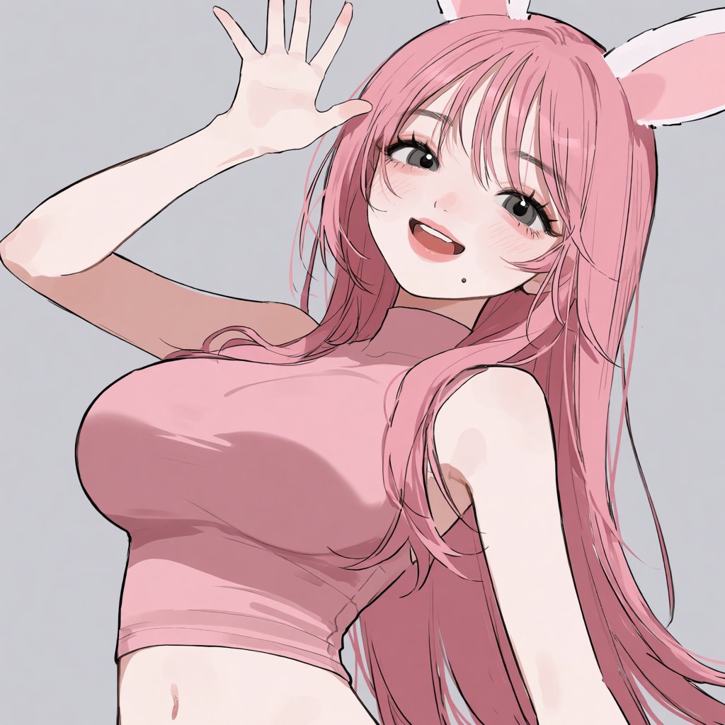 anime manhwa dynamic angle masterpiece featuring a cute,  smiling 1girl with pink hair and big breasts,  wearing a sleevel...