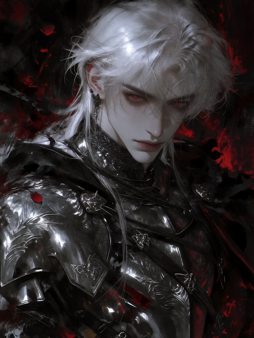 A striking gothic portrait of an elegant young man with flowing,  long white hair and sharp crimson eyes,  looking directl...