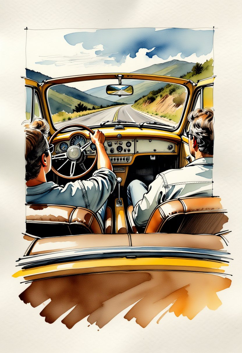 detailed gouache with outline in ink on textured paper,  depict an interior view from the backseat of a vintage yellow con...