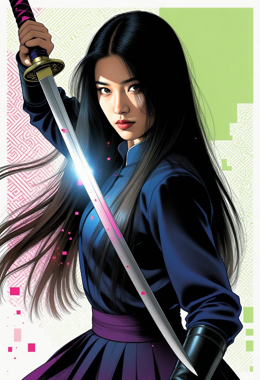 gouache painting,  waist-up portrait of a long-haired ingenue wielding a single Indonesian sword,  warrior stance by Fuzzy...